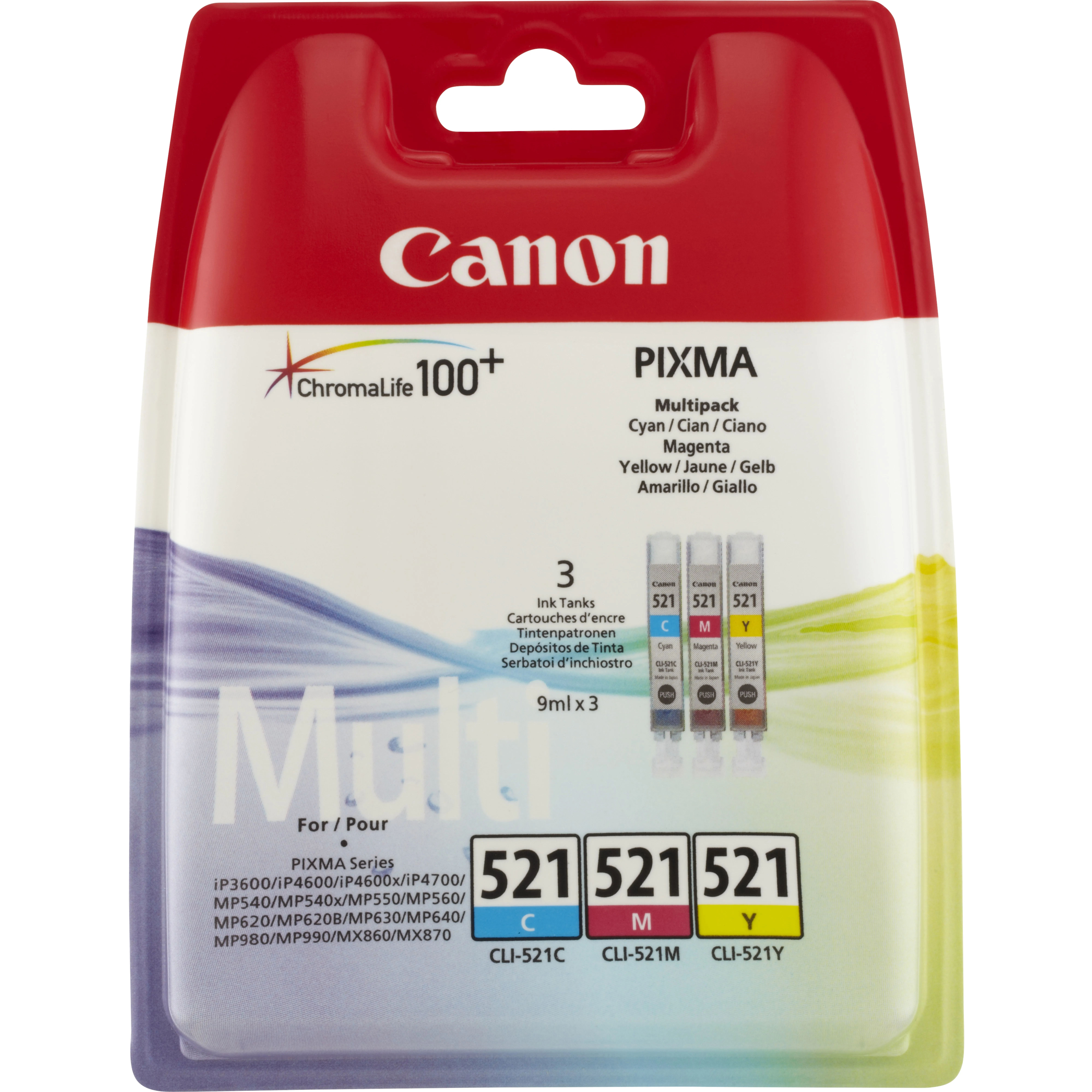 Canon CLI-521 Multipack - 3 pakettia - 9 ml - keltainen, sinivihre&auml;, magenta - alkuper&auml;inen - mustes&auml;ili&ouml; malleihin PIXMA iP3600, iP4700, MP540, MP550, MP560, M