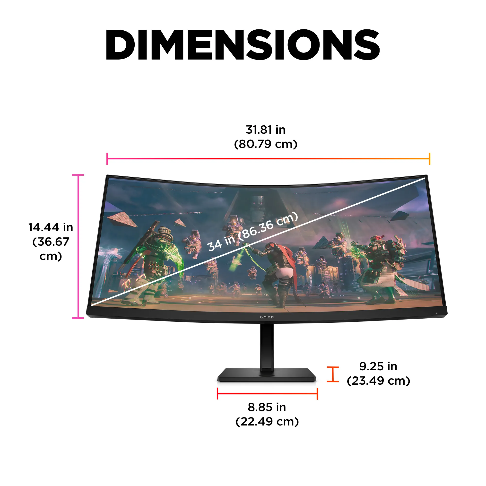 HP OMEN 34c Curved 34inch WQHD 21:9 HDR 165Hz 3000:1 400cd/m2 4ms DP 2xHDMI 2.0