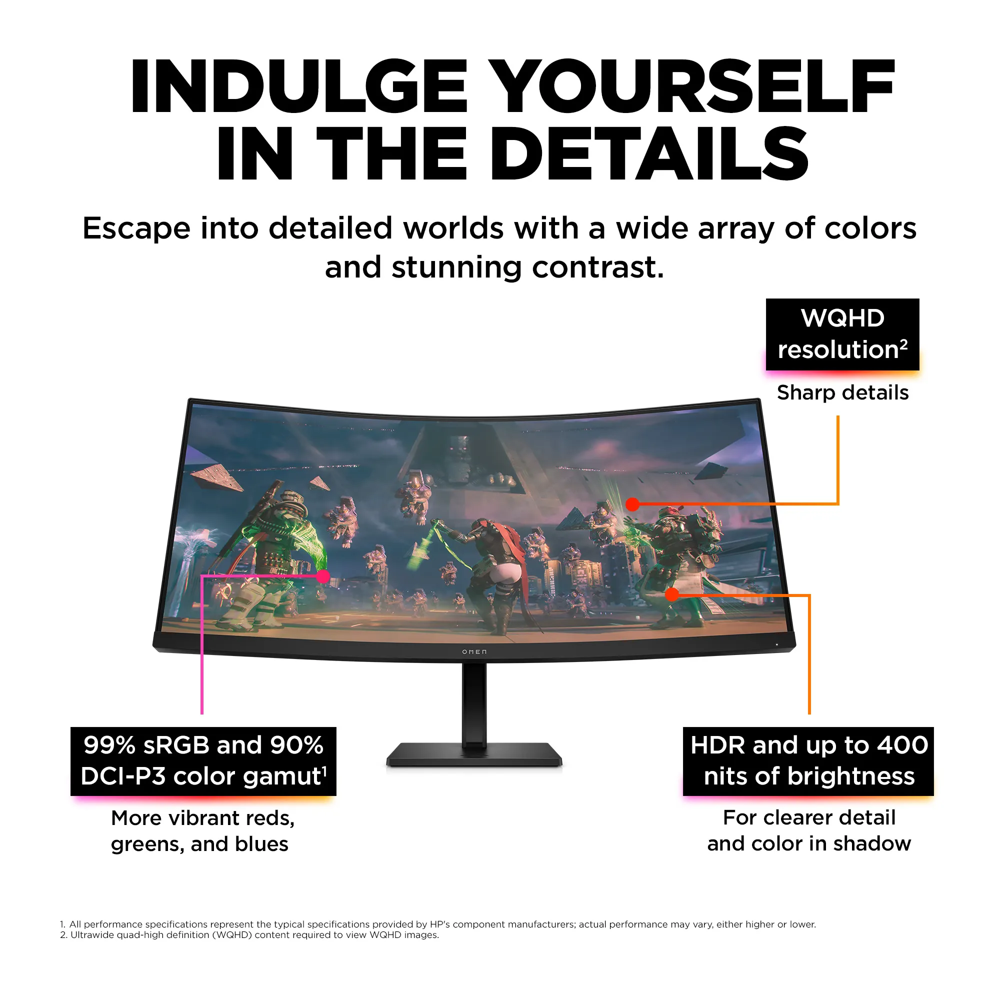HP OMEN 34c Curved 34inch WQHD 21:9 HDR 165Hz 3000:1 400cd/m2 4ms DP 2xHDMI 2.0