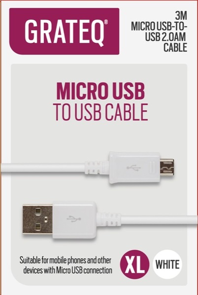 GRATEQ USB-A &ndash; Micro USB kabel, 3 m, vit