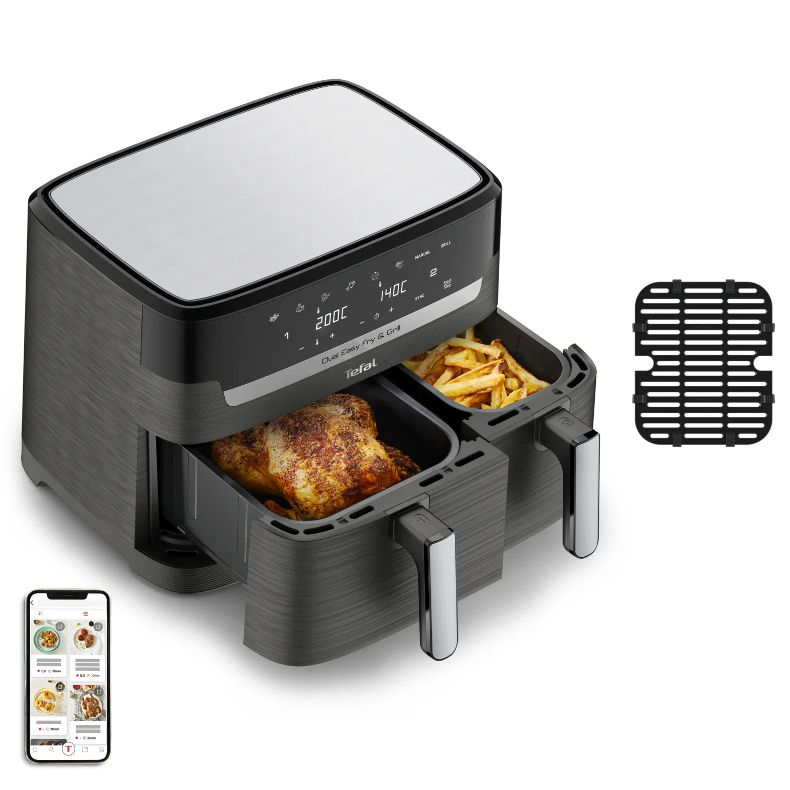 Tefal double hot air fryer Dual Easy Fry & Grill (black, 2,700 watts, 2 baskets 5.2 liters + 3.1 liters)
