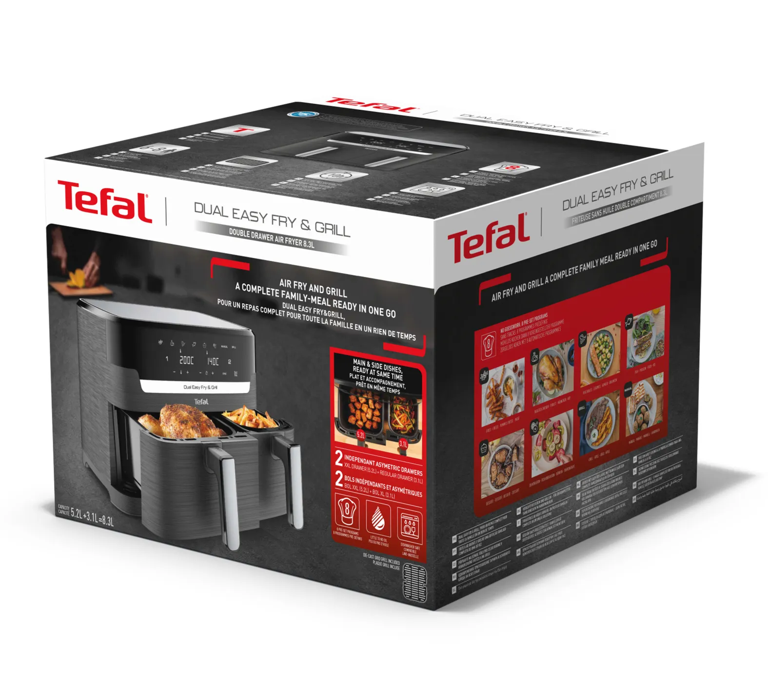 Tefal double hot air fryer Dual Easy Fry &amp; Grill (black, 2,700 watts, 2 baskets 5.2 liters + 3.1 liters)