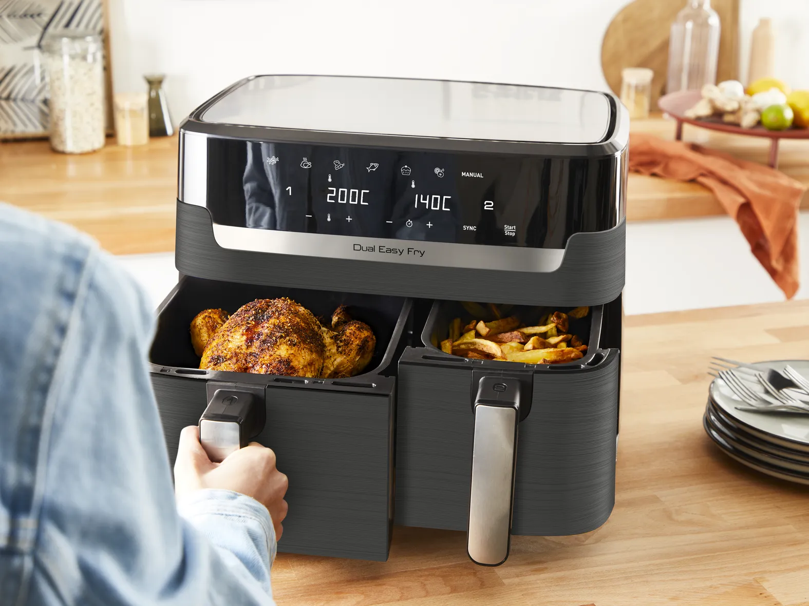 Tefal double hot air fryer Dual Easy Fry &amp; Grill (black, 2,700 watts, 2 baskets 5.2 liters + 3.1 liters)