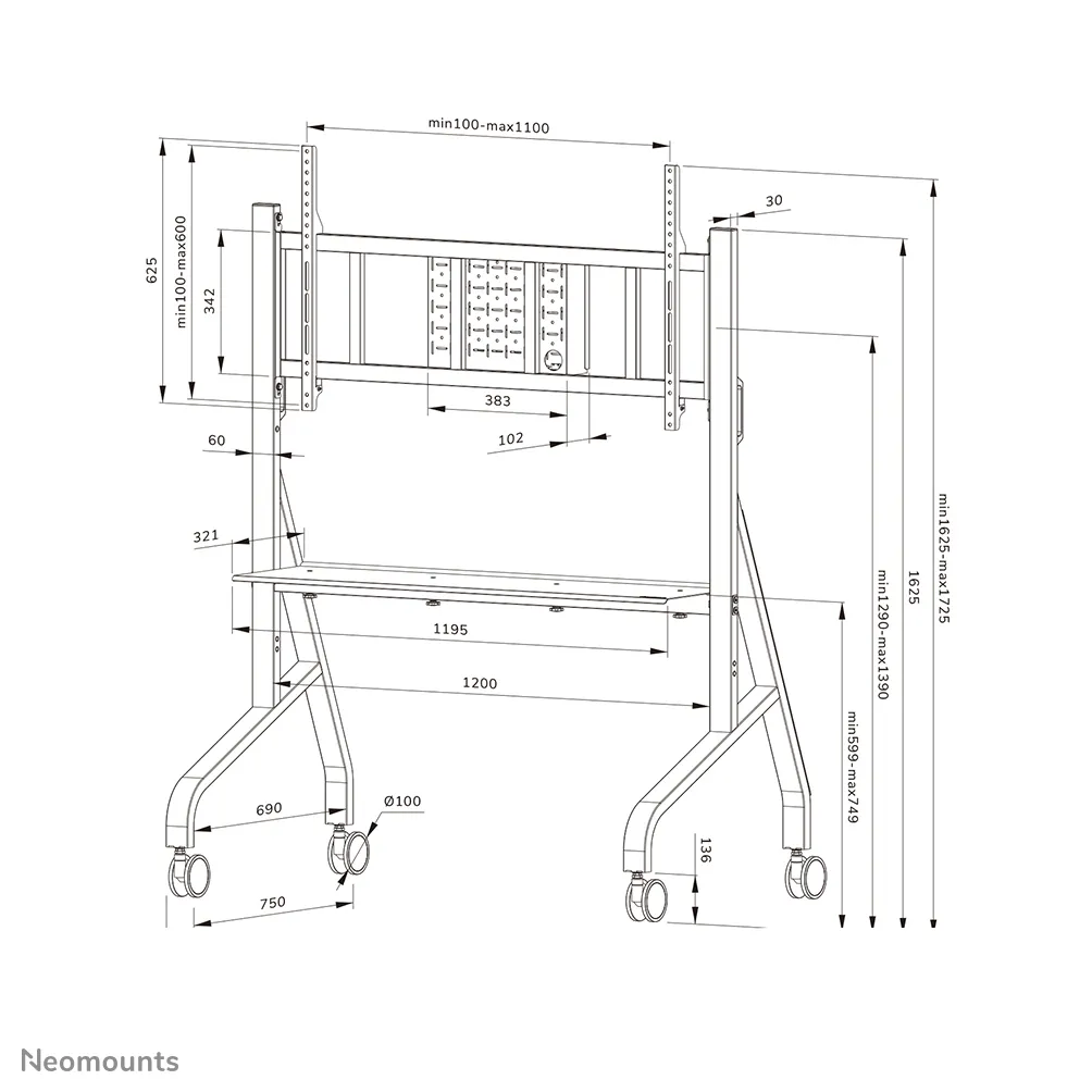 Neomounts MOVE Go XL FL50-575WH1 Mobile Floor Stand 65-115" Height Adjustable White