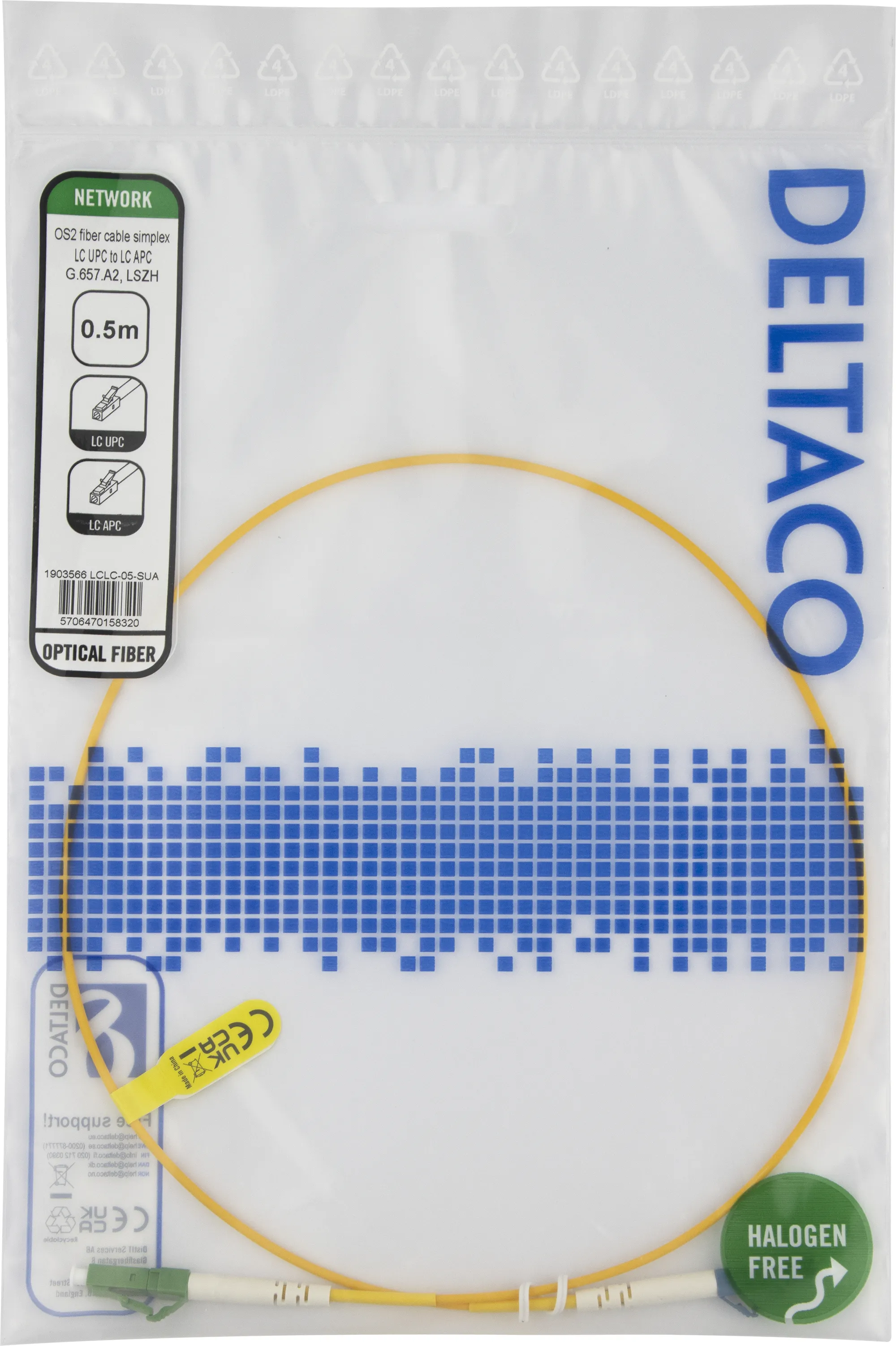 Deltaco OS2 LSZH LC-LC 0.5m Fiber Optic Cable, Yellow