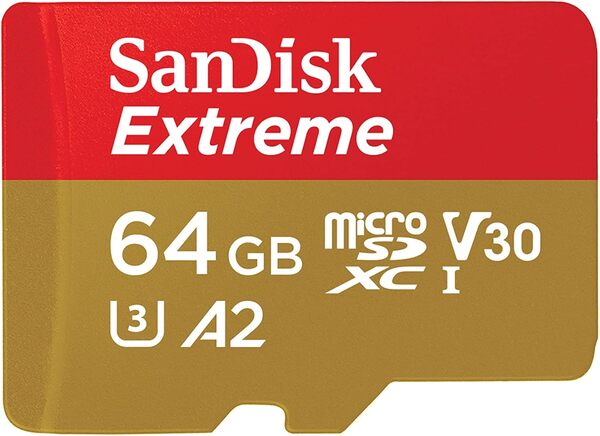 SanDisk Extreme PLUS 64GB MicroSDXC UHS-I U3 V30 A2 card with SD adapter