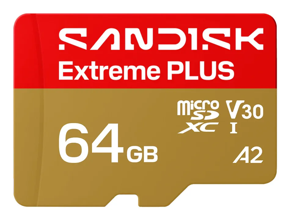 SanDisk Extreme PLUS 64GB MicroSDXC UHS-I U3 V30 A2 card with SD adapter
