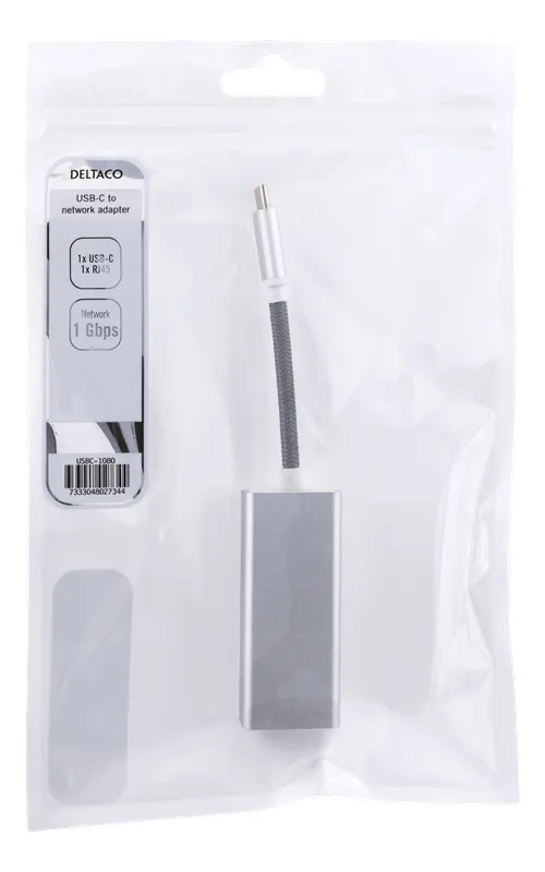 DELTACO USB-C nätverksadapter, Gigabit, RJ45, vit påse, silver