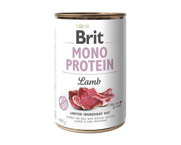 Brit Mono Protein Lamb, V&aring;tfoder f&ouml;r hund, Adult, Senior, Sensitive, 400 g