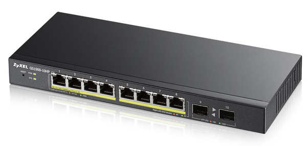 ZYXEL GS1900-10HP 8-port GbE L2 PoE Smart Switch + 2 SFP slots 802.3at desktop fanless 70 Watt