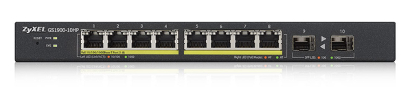 ZYXEL GS1900-10HP 8-port GbE L2 PoE Smart Switch + 2 SFP slots 802.3at desktop fanless 70 Watt