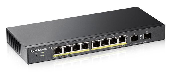 ZYXEL GS1900-10HP 8-port GbE L2 PoE Smart Switch + 2 SFP slots 802.3at desktop fanless 70 Watt