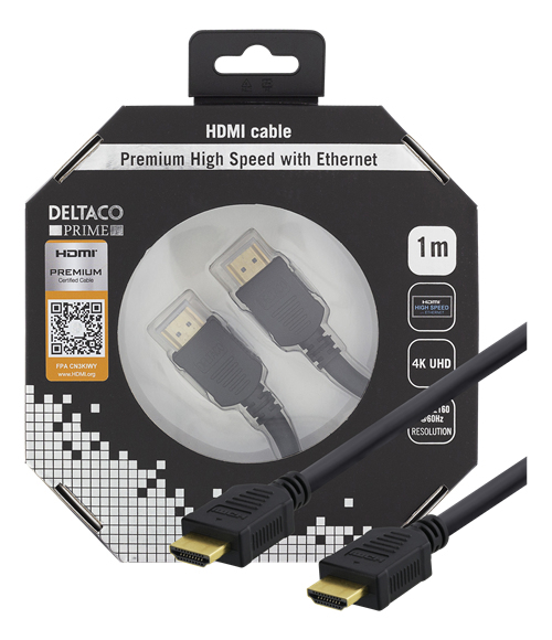 Deltaco HDMI &ndash; HDMI 2.0 -kaapeli, 1 m, Musta