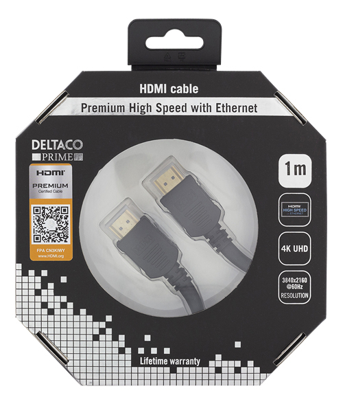 Deltaco HDMI &ndash; HDMI 2.0 - kabel, 1 m, Svart