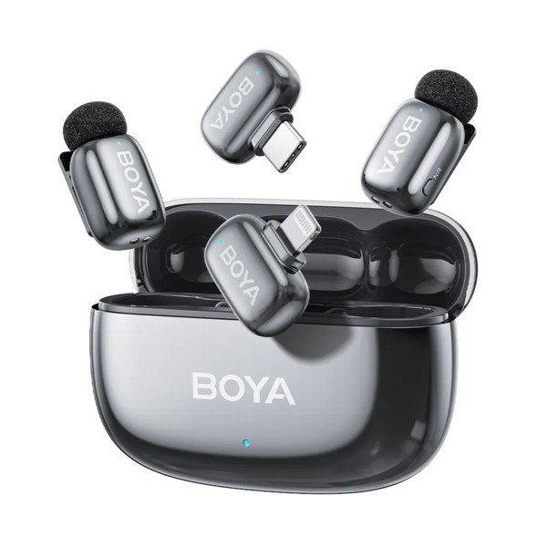 BOYA Mini 2-03, Lightning Wireless Lavalier Microphone (incl. 2 transmitters + 1 receiver + case), Matte Black, Lunar Silver