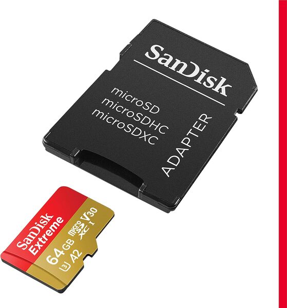 SanDisk Extreme PLUS 64GB MicroSDXC UHS-I U3 V30 A2 card with SD adapter