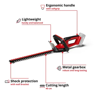 EINHELL GC-CH  ／40 Li Solo 18 V akkuk&auml;ytt&ouml;inen pensasleikkuri, musta/punainen, ilman akkua