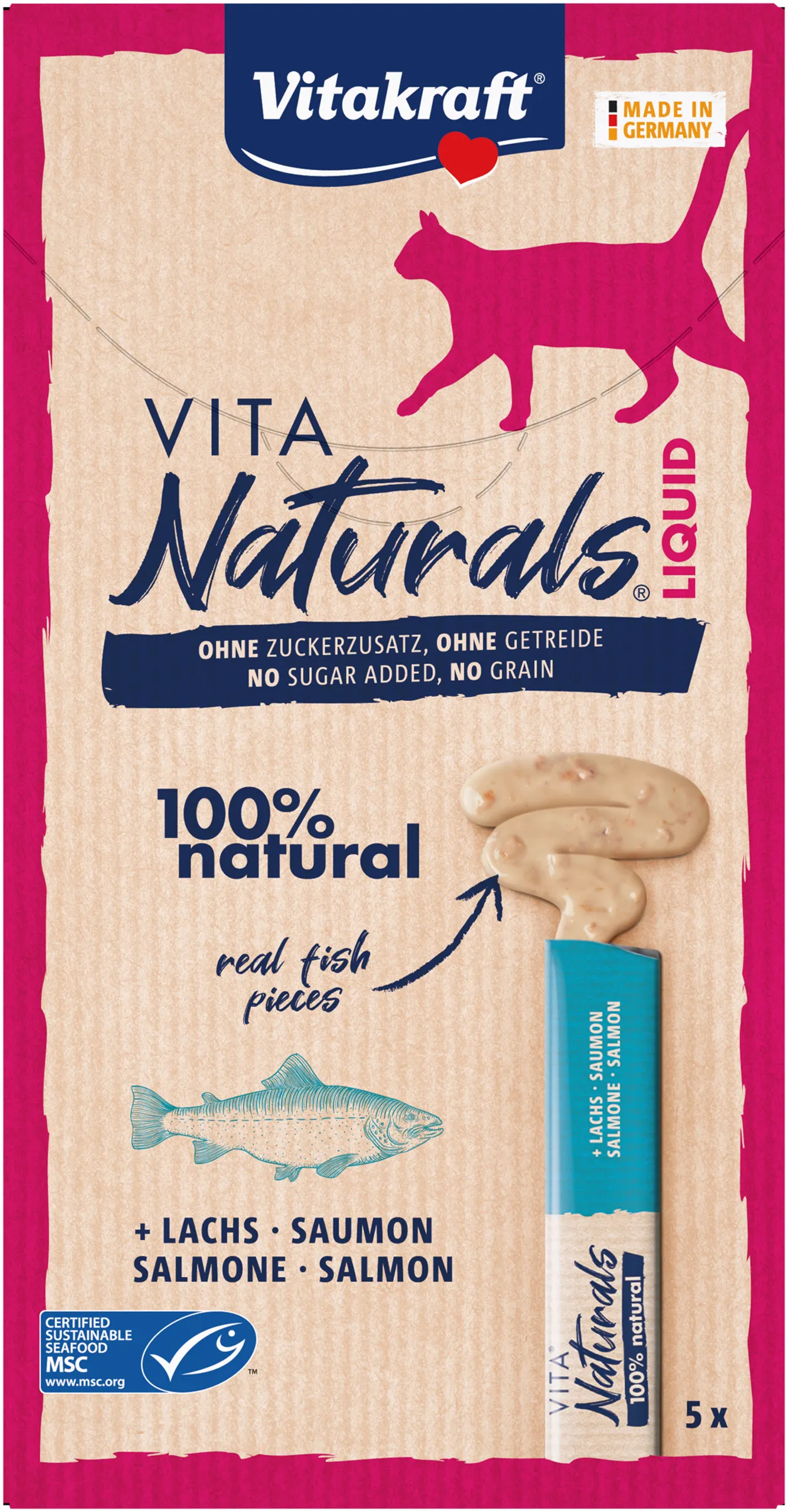 Vitakraft Vita Naturals Liquid Salmon, Wet food for cats, 5 x 15g