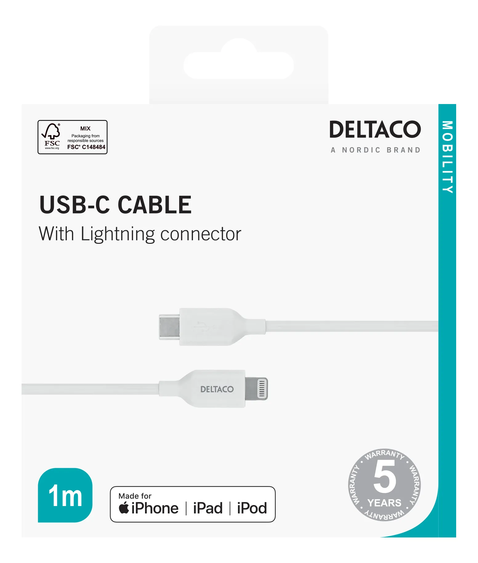 DELTACO USB-C till Lightning kabel, MFi C94, 1m, white