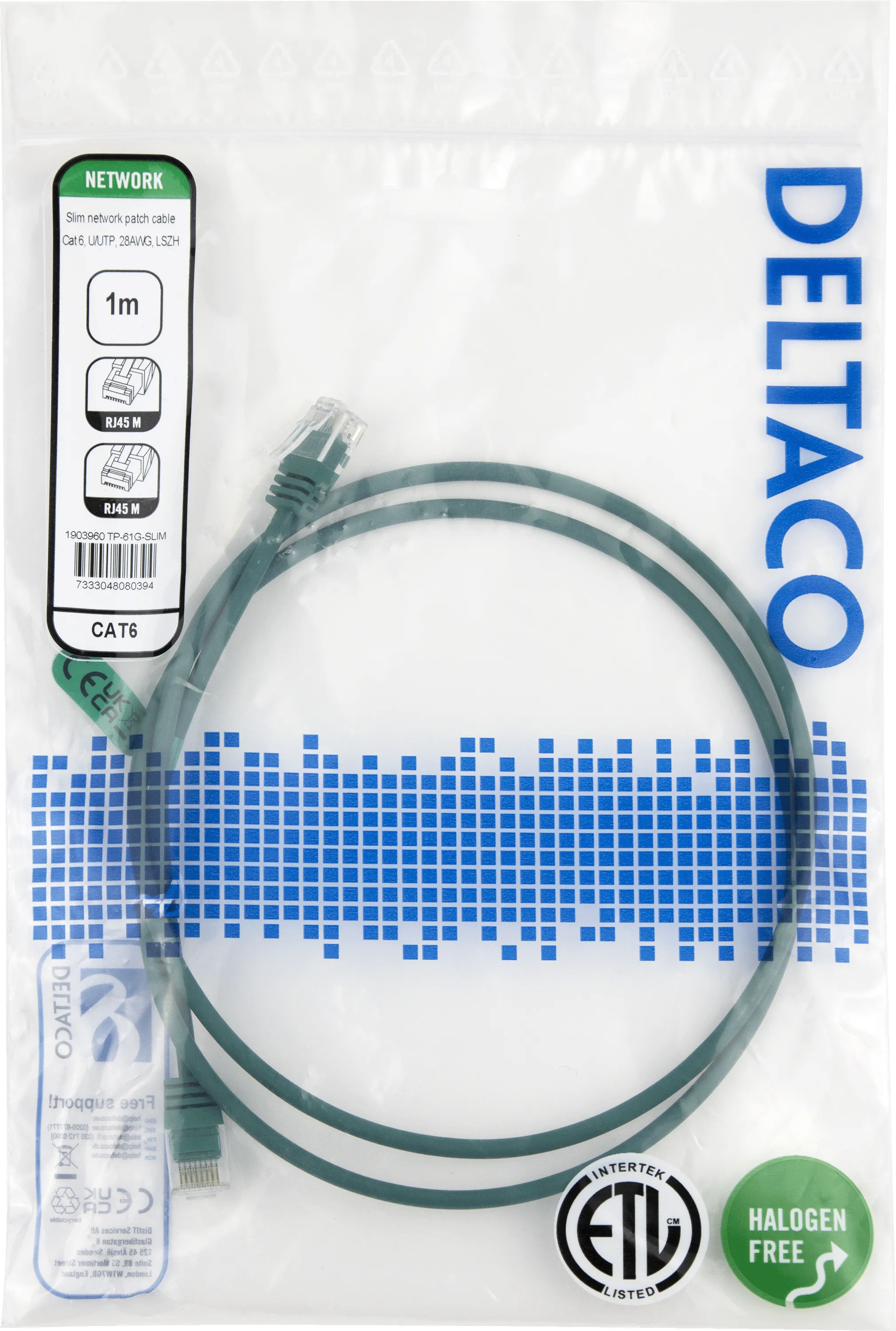 Deltaco Cat6 UTP RJ45 1m Network Cable, Green