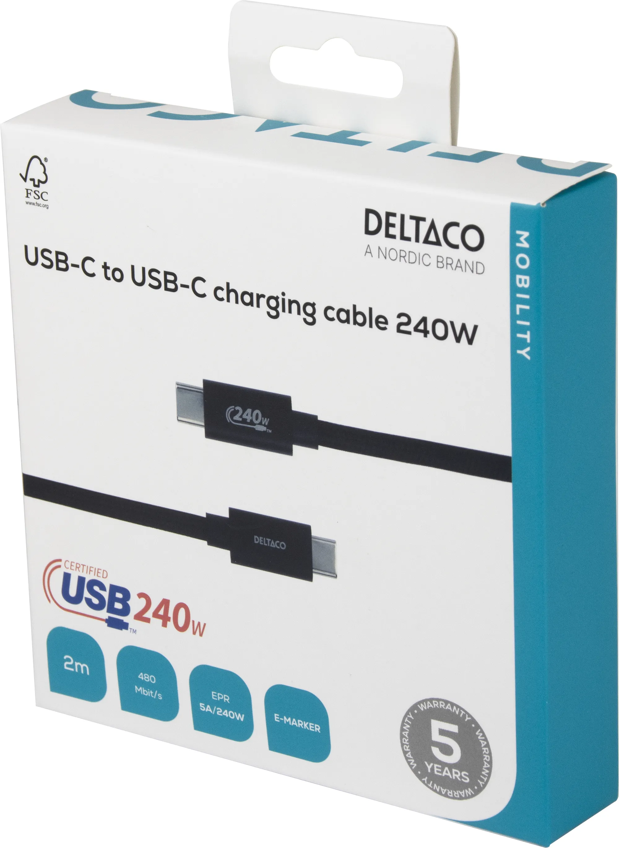 Deltaco USB-C -kaapeli, 240 W, 2 m, musta