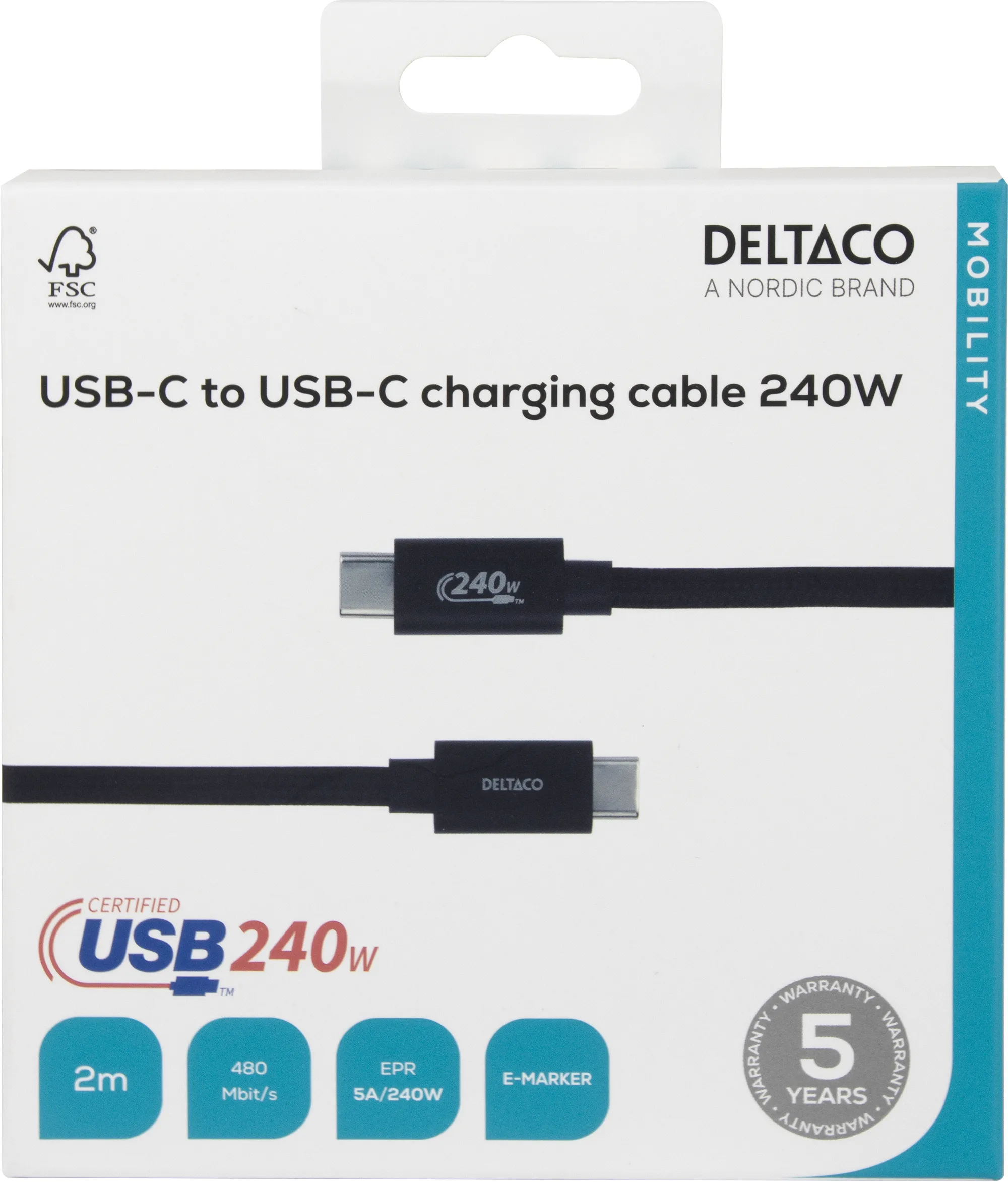 Deltaco USB-C -kaapeli, 240 W, 2 m, musta