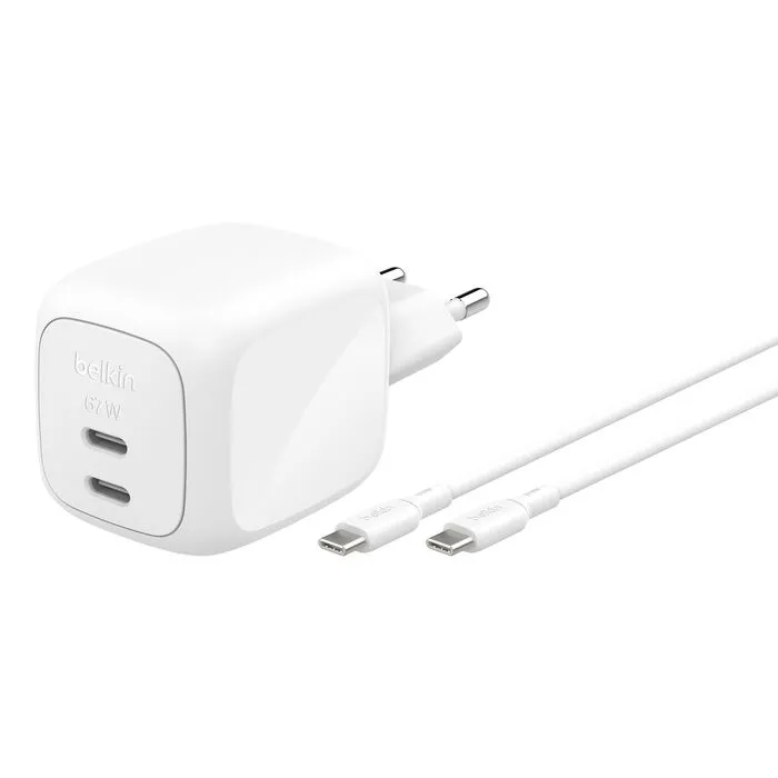 Belkin BoostCharge Pro 2-Port USB-C GaN 67 Watt - Wall charger, white
