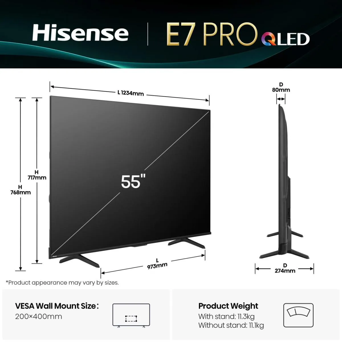 Hisense 55E7Q PRO 55" 4K QLED Pro VIDAA TV, 144Hz, Dolby Vision, HDR10+