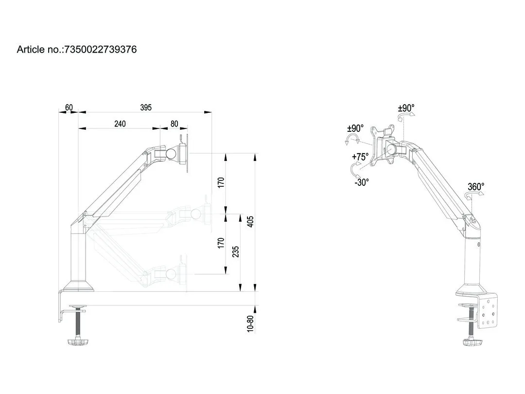 Multibrackets M VESA Gas Lift Arm Basic monitorarm, f&ouml;r 1 sk&auml;rm, 15-32", med gasfj&auml;der, 10 kg, silver