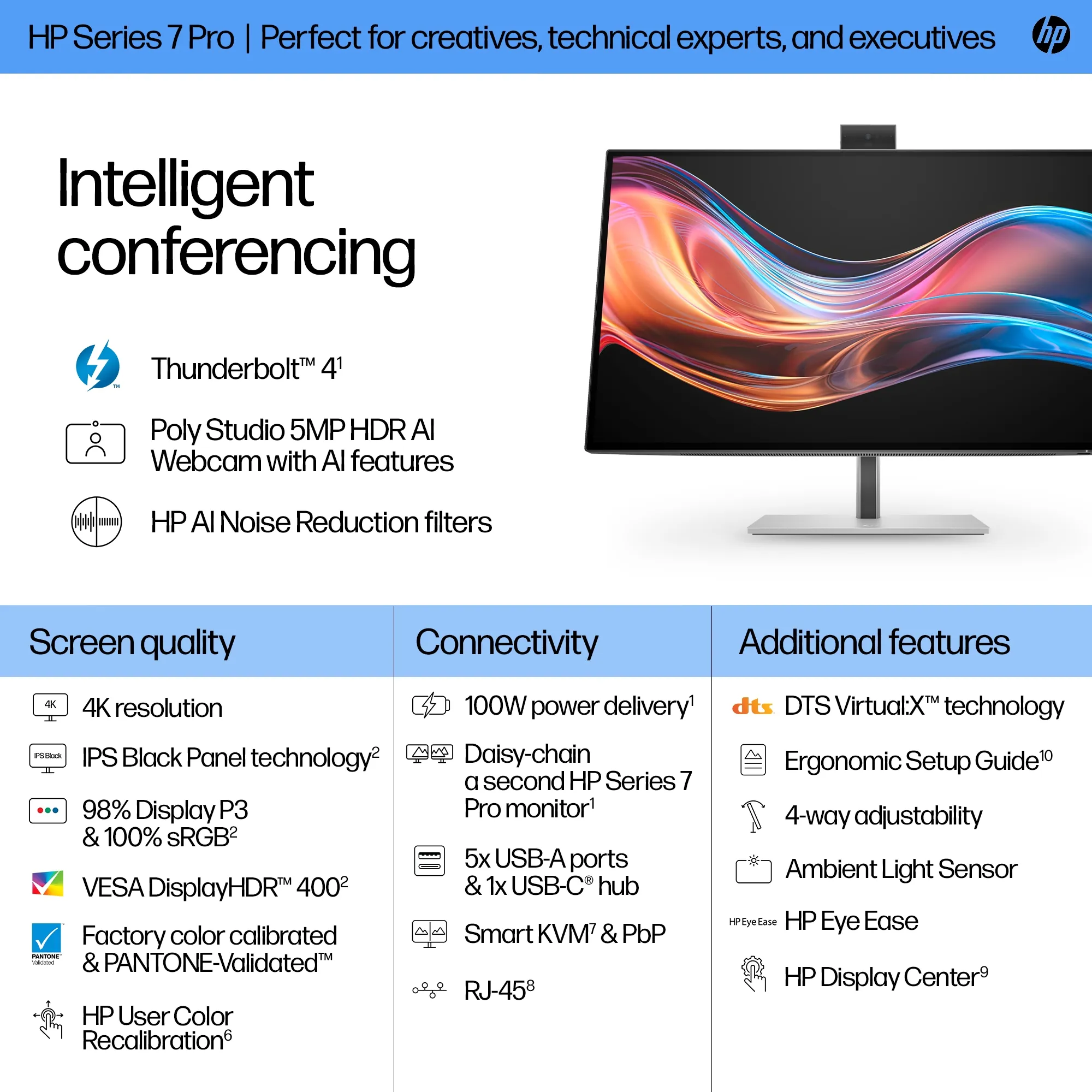 HP S7 Pro 727pm. 27&quot; 4K, 5ms, Intelligent 5MP HDR AI Webcam, IPS - conferencing monitor