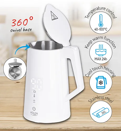 Adler AD 1345W kettle, 1.7L, 2200W, White