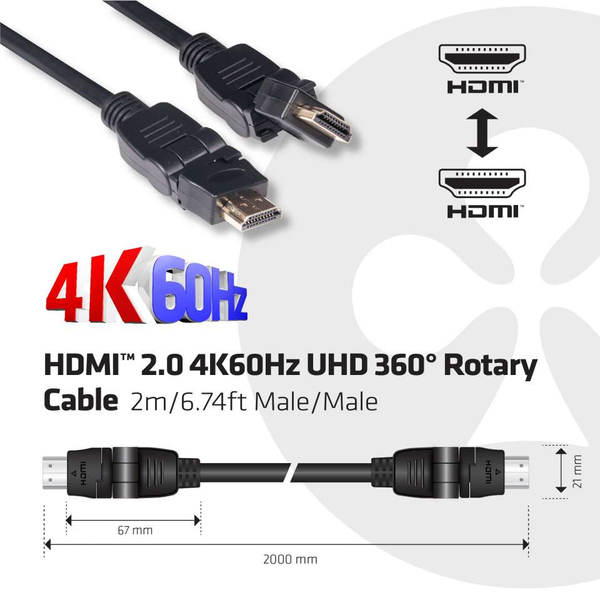 Club 3D CAC-1360 Py&ouml;riv&auml; HDMI 2.0 -kaapeli, jossa Ethernet, 2 m, musta