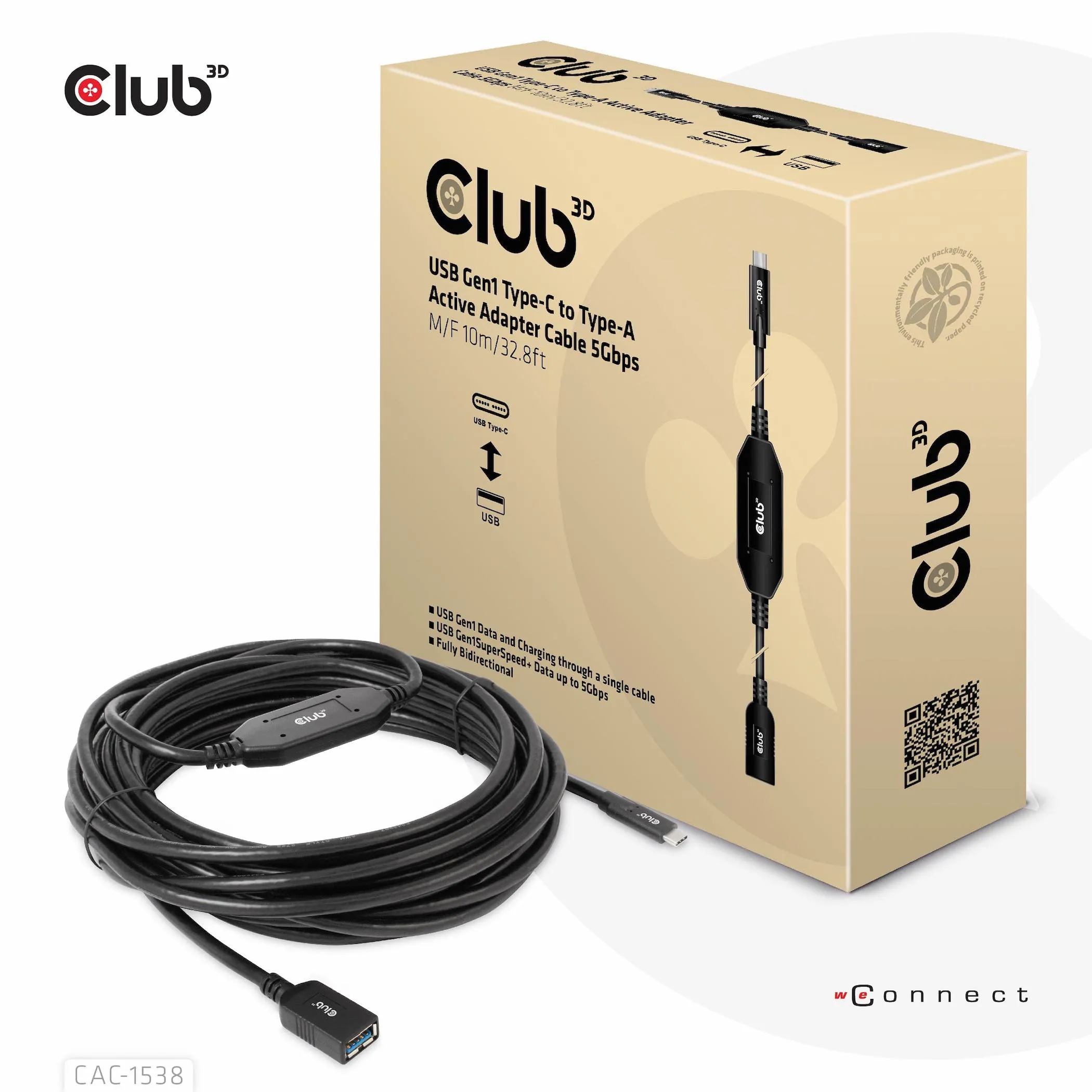 Club 3D 3.2 Gen1 USB-C - USB-A, hane-hona, aktiv adapter - f&ouml;rl&auml;ngningskabel, Svart, 10m