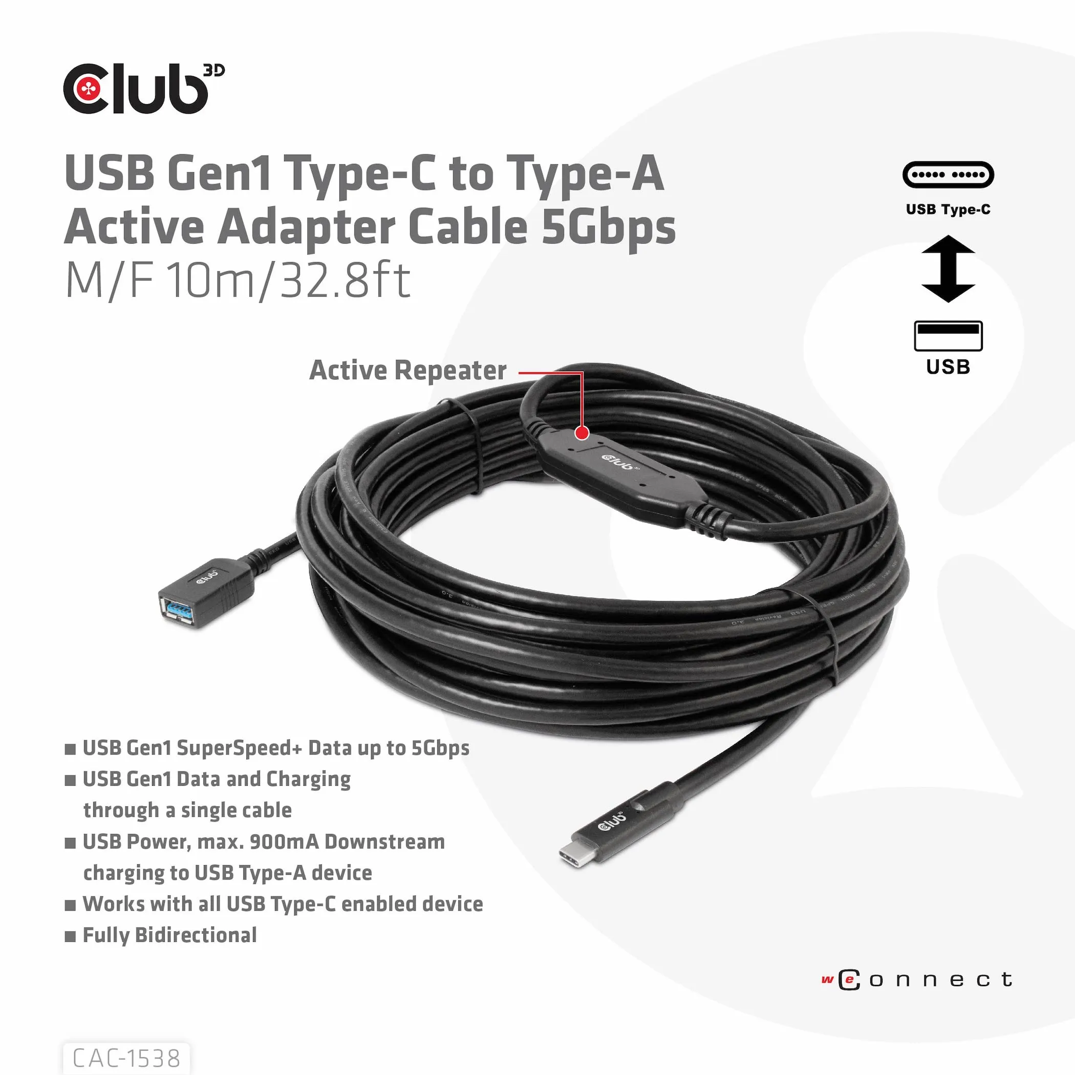 Club 3D 3.2 Gen1 USB-C - USB-A, hane-hona, aktiv adapter - f&ouml;rl&auml;ngningskabel, Svart, 10m