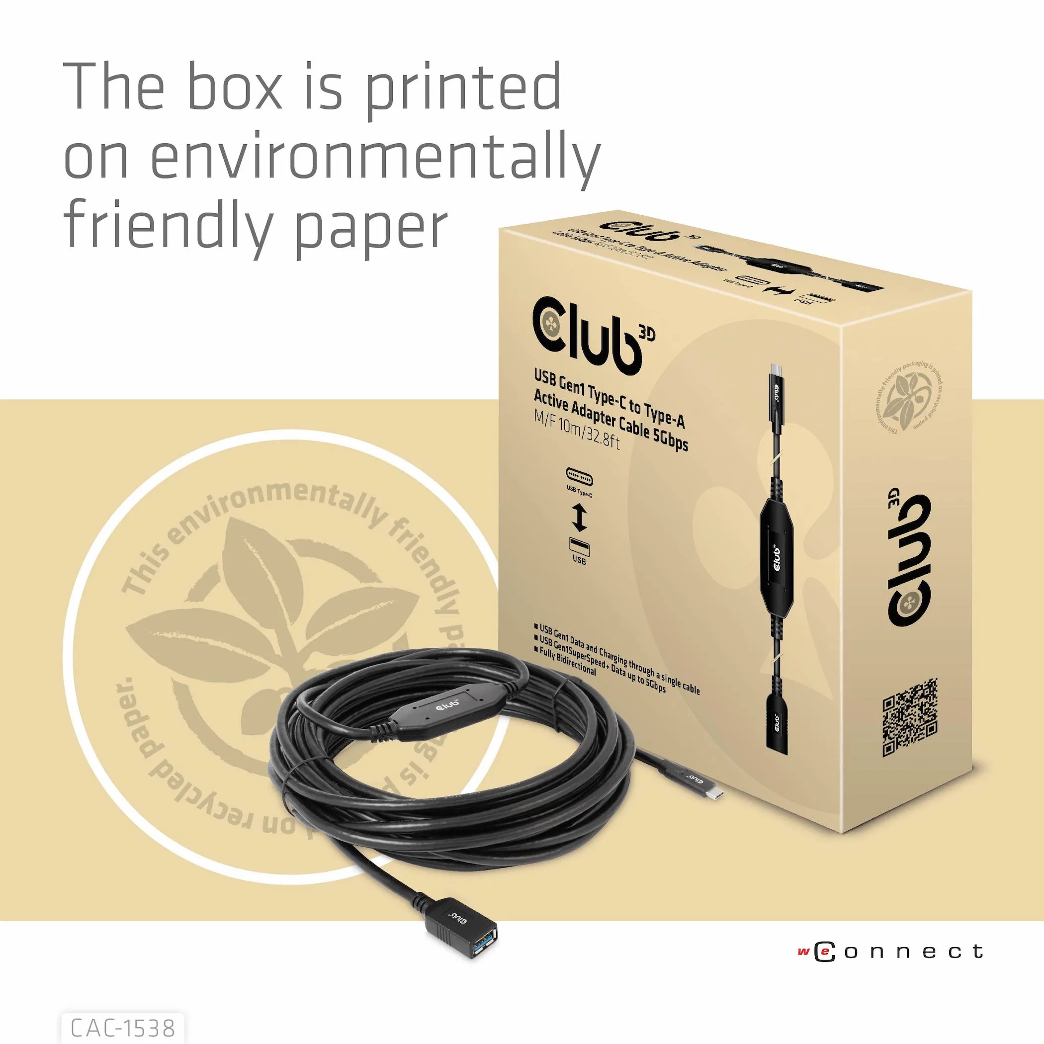 Club 3D 3.2 Gen1 USB-C - USB-A, hane-hona, aktiv adapter - f&ouml;rl&auml;ngningskabel, Svart, 10m