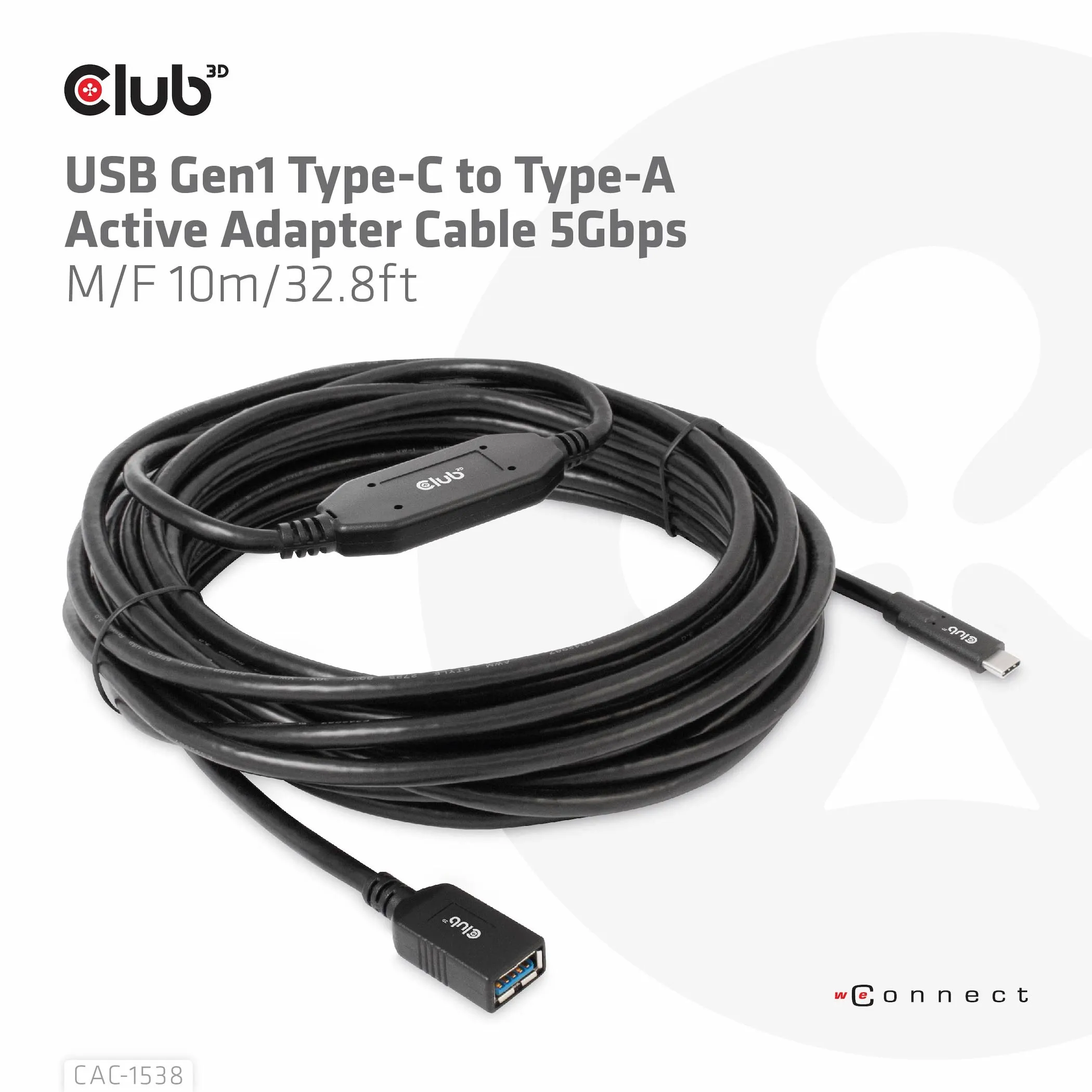 Club 3D 3.2 Gen1 USB-C - USB-A, hane-hona, aktiv adapter - f&ouml;rl&auml;ngningskabel, Svart, 10m