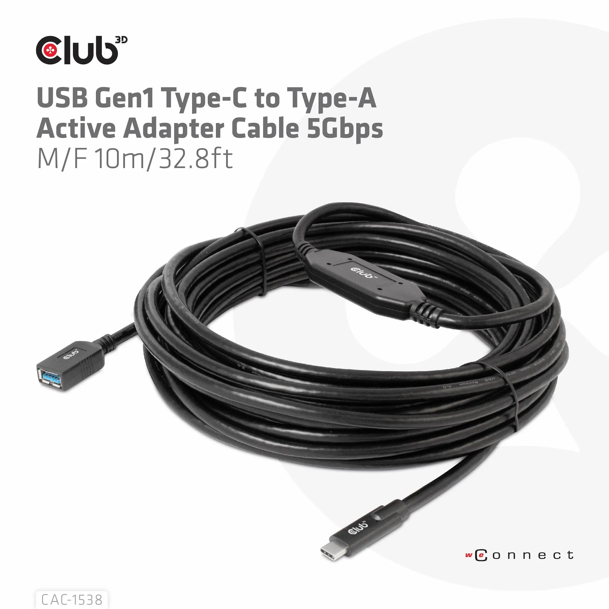 Club 3D 3.2 Gen1 USB-C - USB-A, hane-hona, aktiv adapter - f&ouml;rl&auml;ngningskabel, Svart, 10m