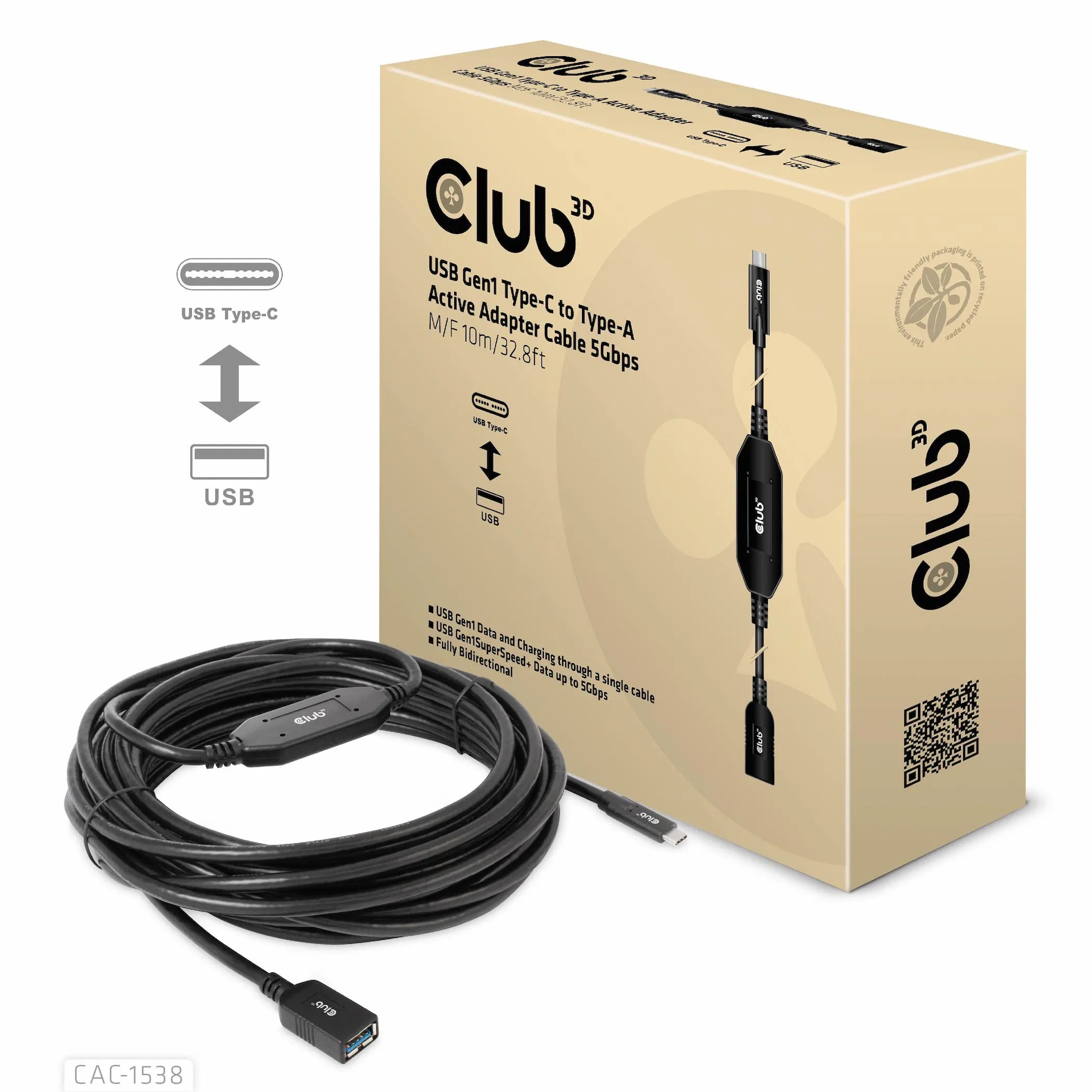 Club 3D 3.2 Gen1 USB-C - USB-A, hane-hona, aktiv adapter - f&ouml;rl&auml;ngningskabel, Svart, 10m