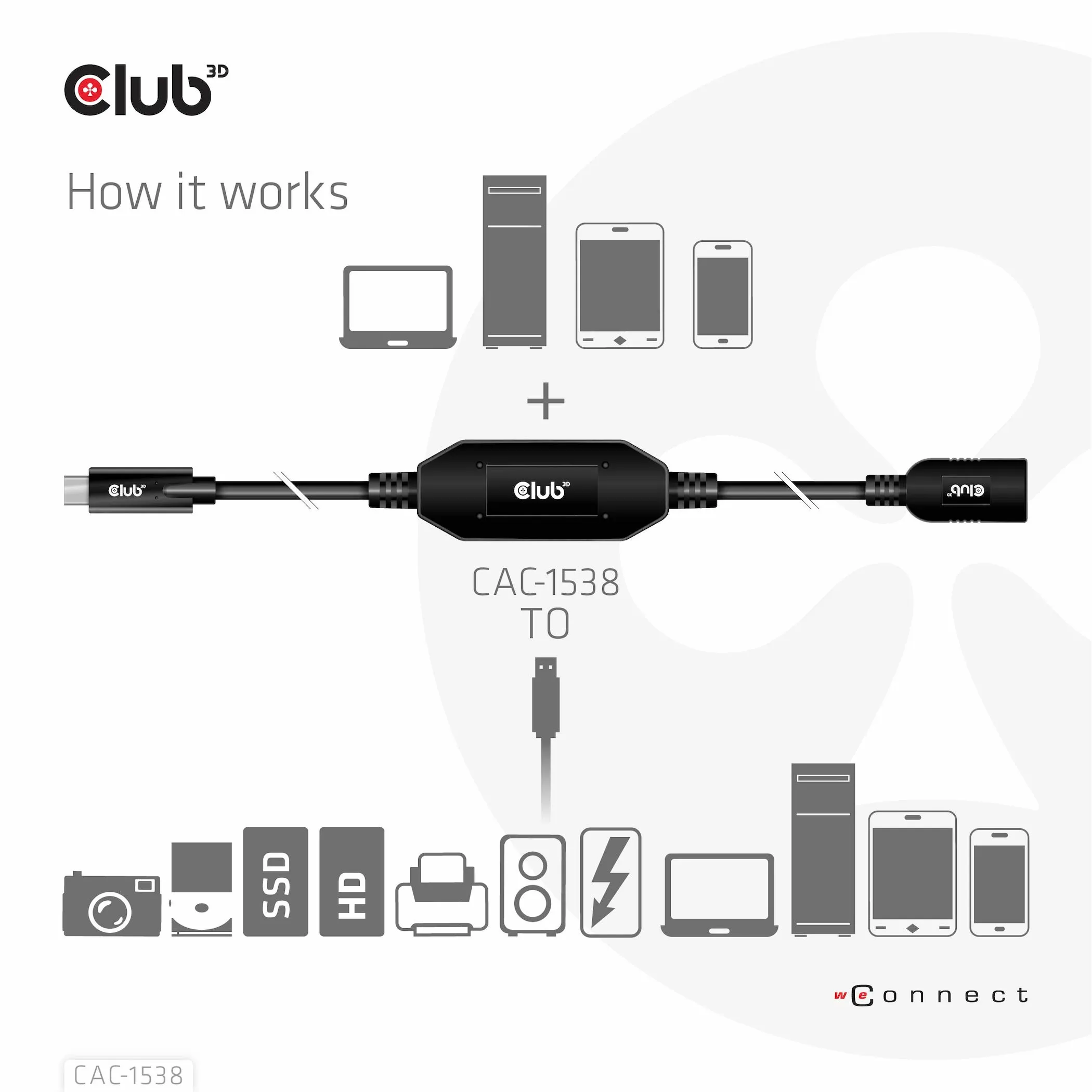 Club 3D 3.2 Gen1 USB-C - USB-A, hane-hona, aktiv adapter - f&ouml;rl&auml;ngningskabel, Svart, 10m