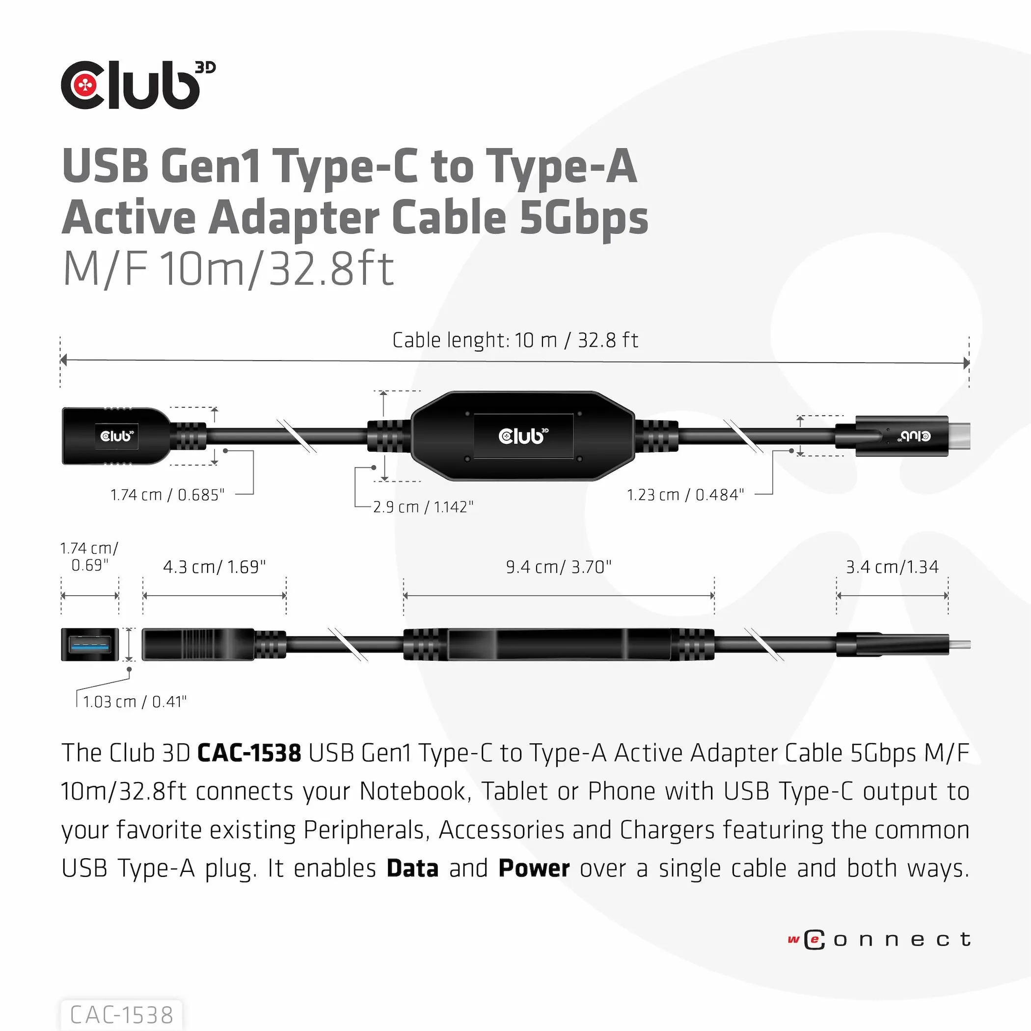 Club 3D 3.2 Gen1 USB-C - USB-A, hane-hona, aktiv adapter - f&ouml;rl&auml;ngningskabel, Svart, 10m