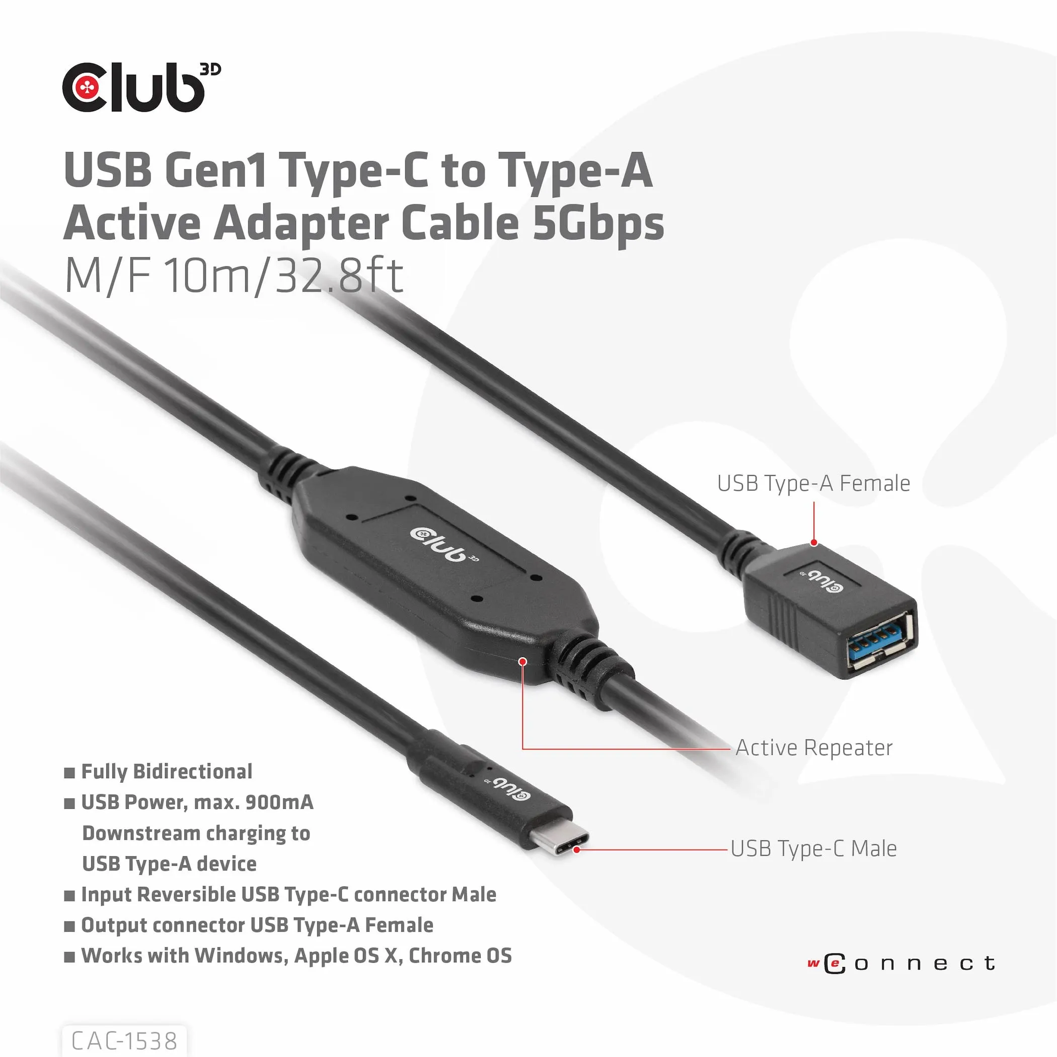 Club 3D 3.2 Gen1 USB-C - USB-A, hane-hona, aktiv adapter - f&ouml;rl&auml;ngningskabel, Svart, 10m