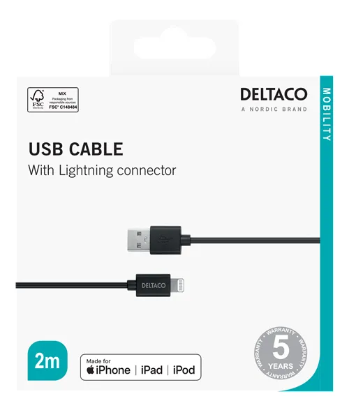 DELTACO USB-A to Lightning, MFi C189, 2m, black