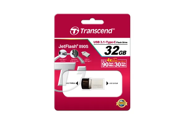 Transcend JetFlash 890 Muistitikku, 32GB, Hopea (USB Type-C & USB 3.1)