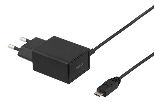DELTACO V&auml;ggladdare 230V till 5V USB, 2.1A, 1x USB Micro B, 1m, svart
