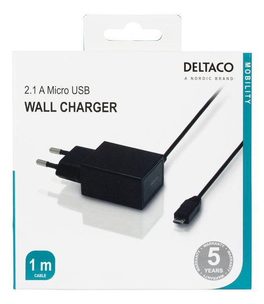 DELTACO V&auml;ggladdare 230V till 5V USB, 2.1A, 1x USB Micro B, 1m, svart