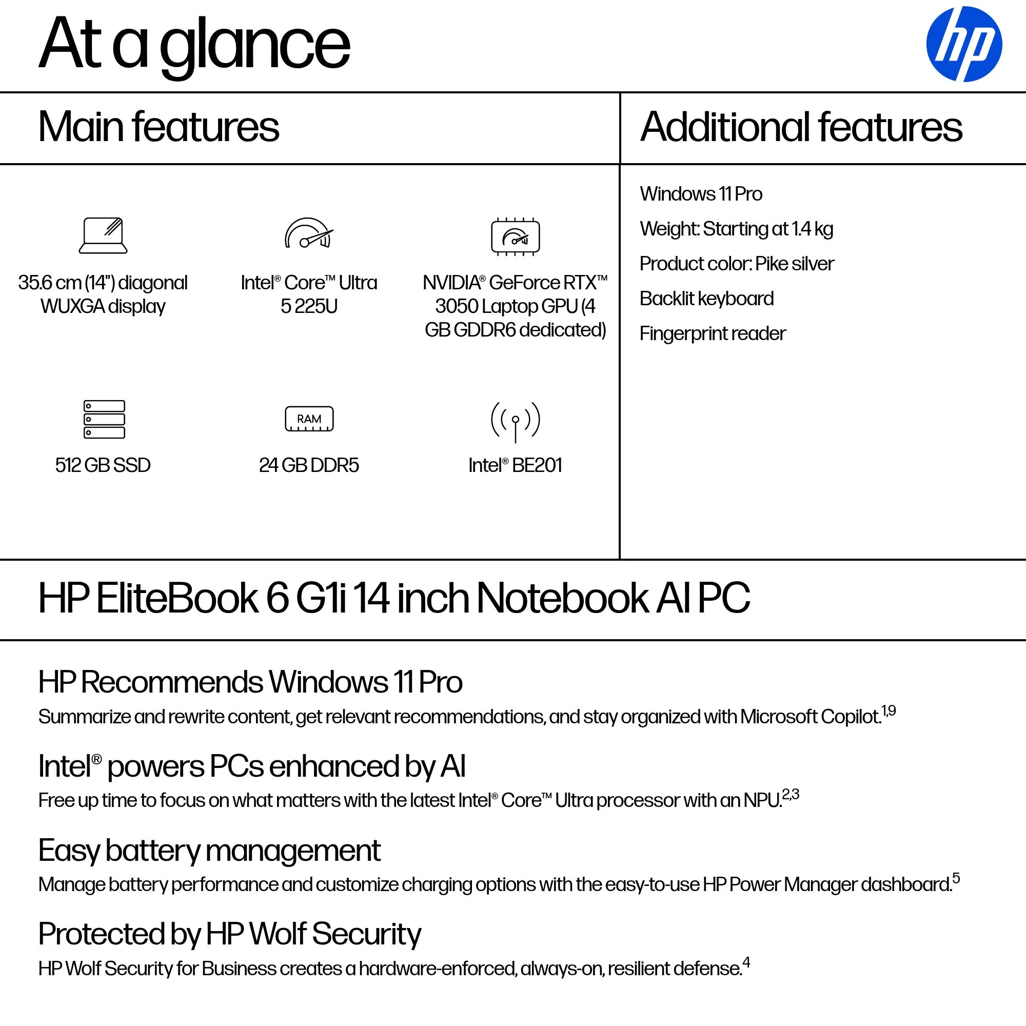 HP EliteBook 6 G1i 14.0" Ultra 5 225U, 24GB, 512GB, Intel Graphics, Win 11 Pro - Notebook, Silver