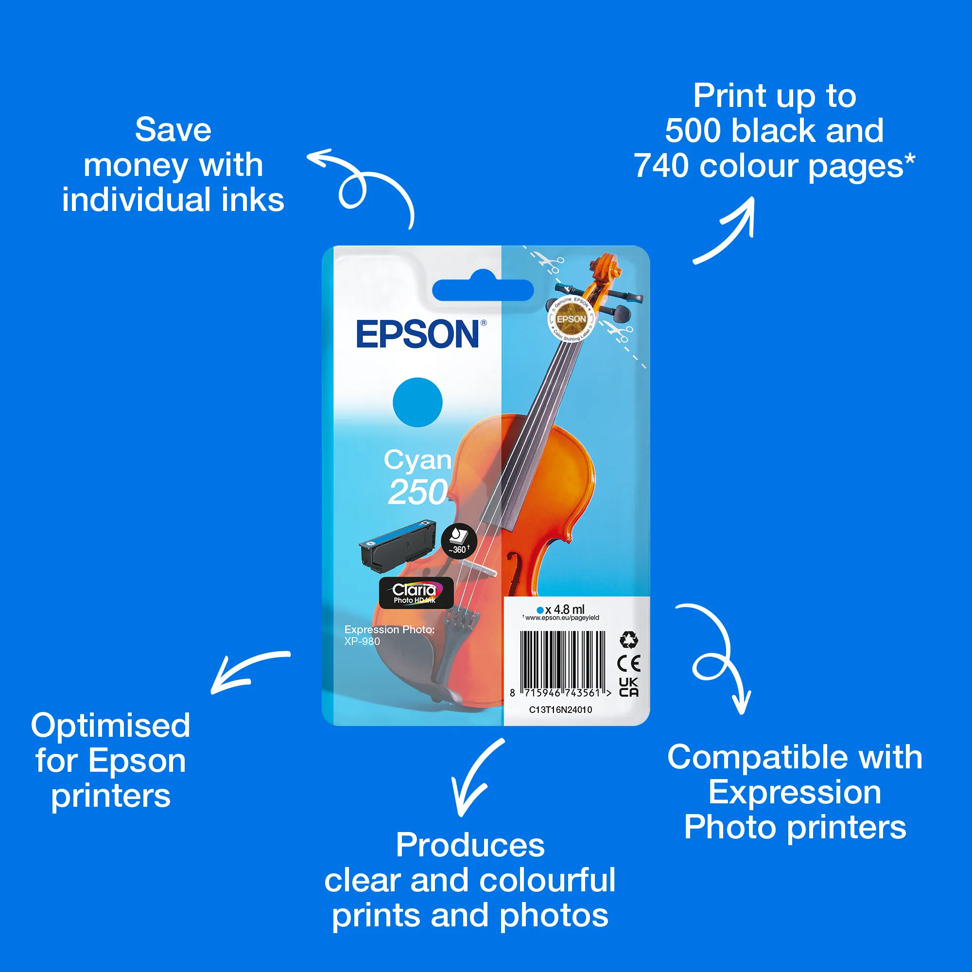Epson 250 -mustekasetti, 4.8 ml, cyan