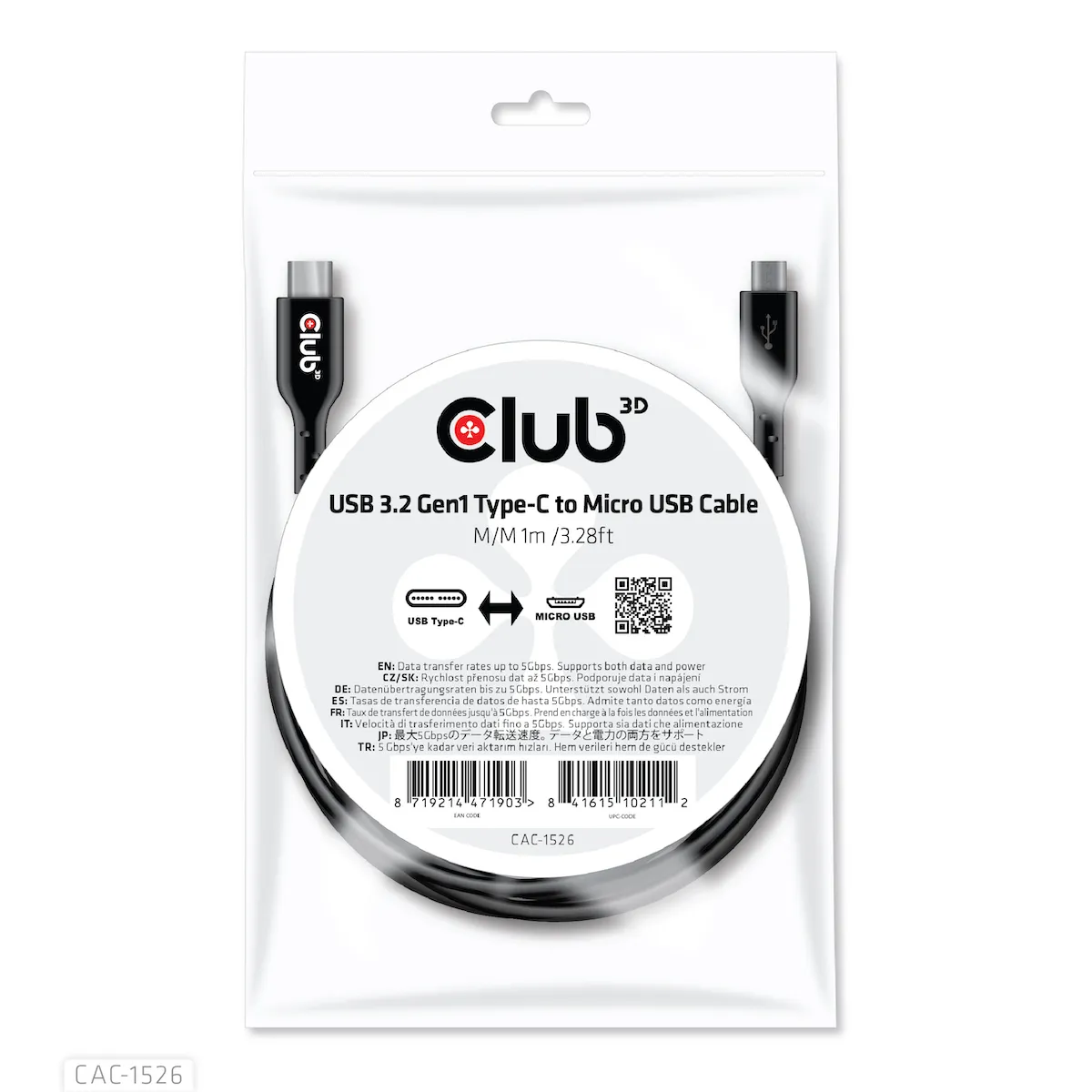 Club 3D 3.2 Gen1 USB-C - Micro-USB -kaapeli, Musta, 1m