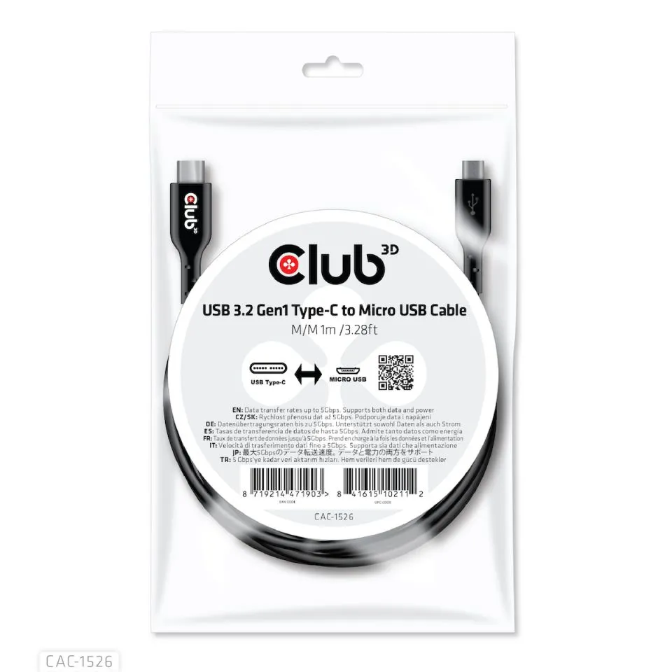 Club 3D 3.2 Gen1 USB-C - Micro-USB -kaapeli, Musta, 1m