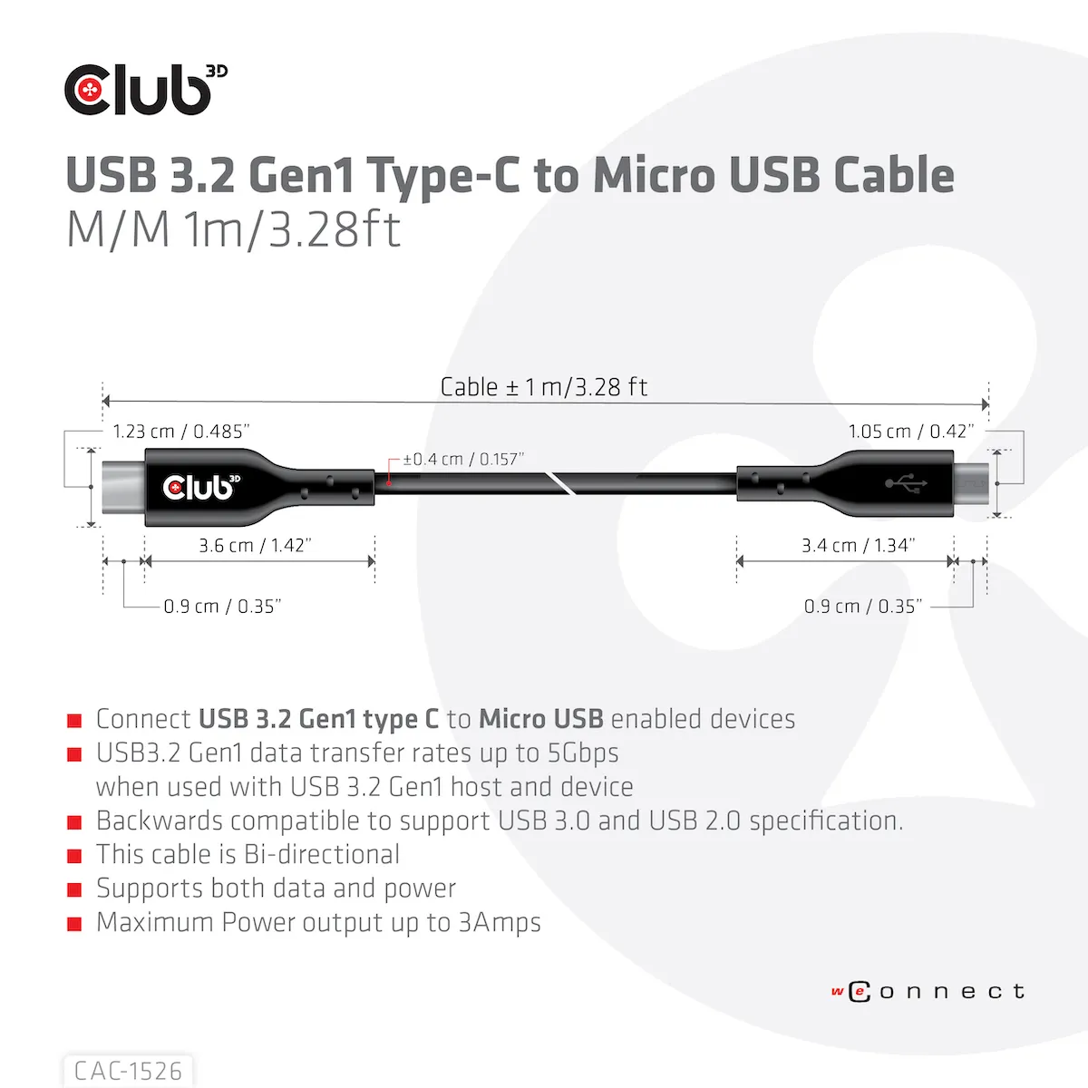 Club 3D 3.2 Gen1 USB-C - Micro-USB -kaapeli, Musta, 1m